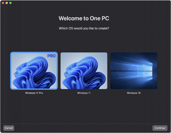 A computer screen displaying a selection menu with three operating system options: Windows 11 Pro, Windows 11, and Windows 10, each with a corresponding image. The screen has a dark background with "Welcome to One PC" text at the top and "Cancel" and "Continue" buttons at the bottom.