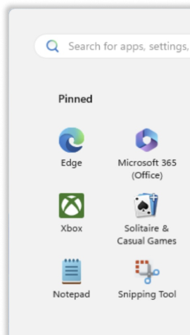 A sidebar menu with a search bar at the top and pinned apps below, including icons for Edge, Microsoft 365, Xbox, Solitaire & Casual Games, Notepad, and Snipping Tool.