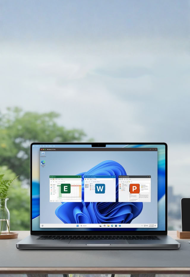 A laptop on a desk displaying One PC's Windows 11 screen with icons for Excel, Word, and PowerPoint, with a blurred outdoor background.