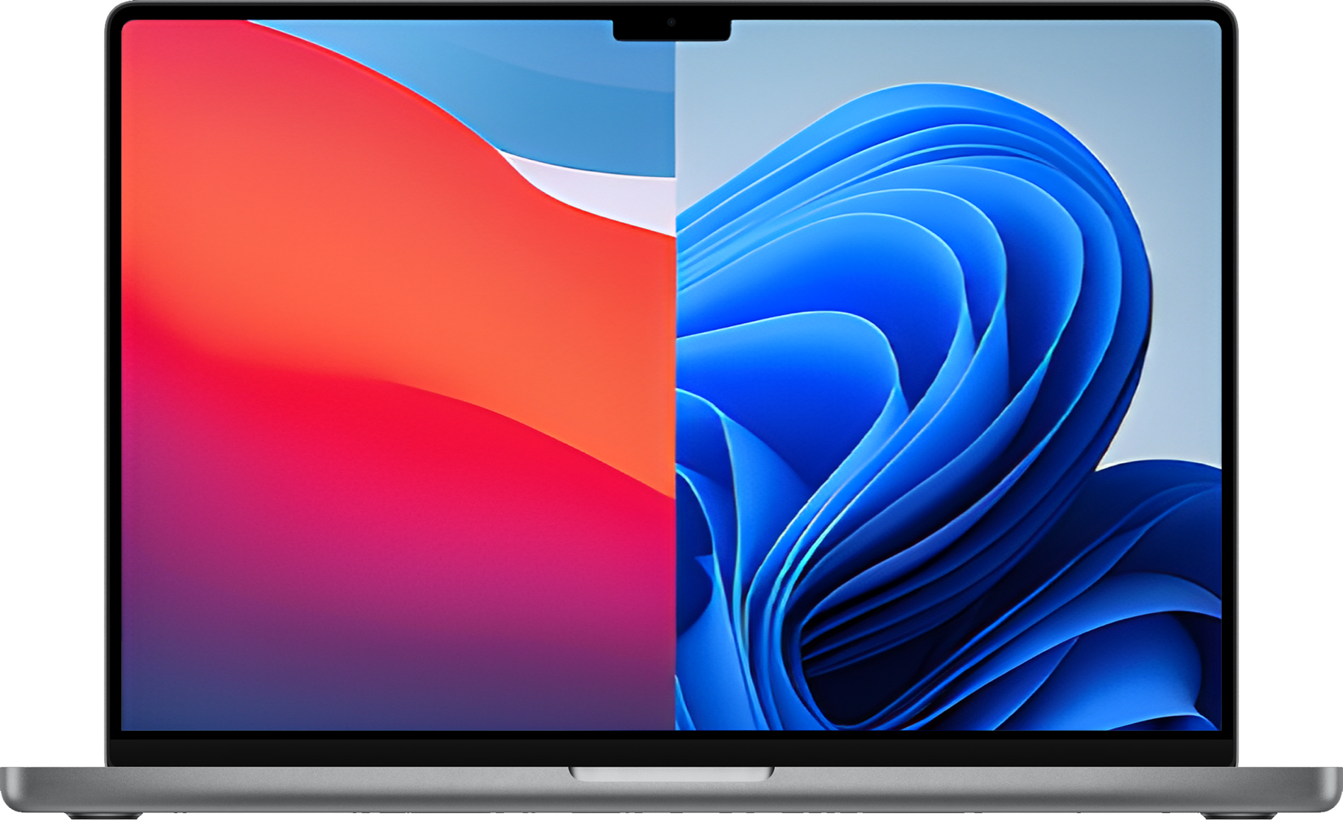 A laptop displaying a split screen with a red and orange gradient (Mac) on the left and a blue swirling pattern (Windows 11) on the right.