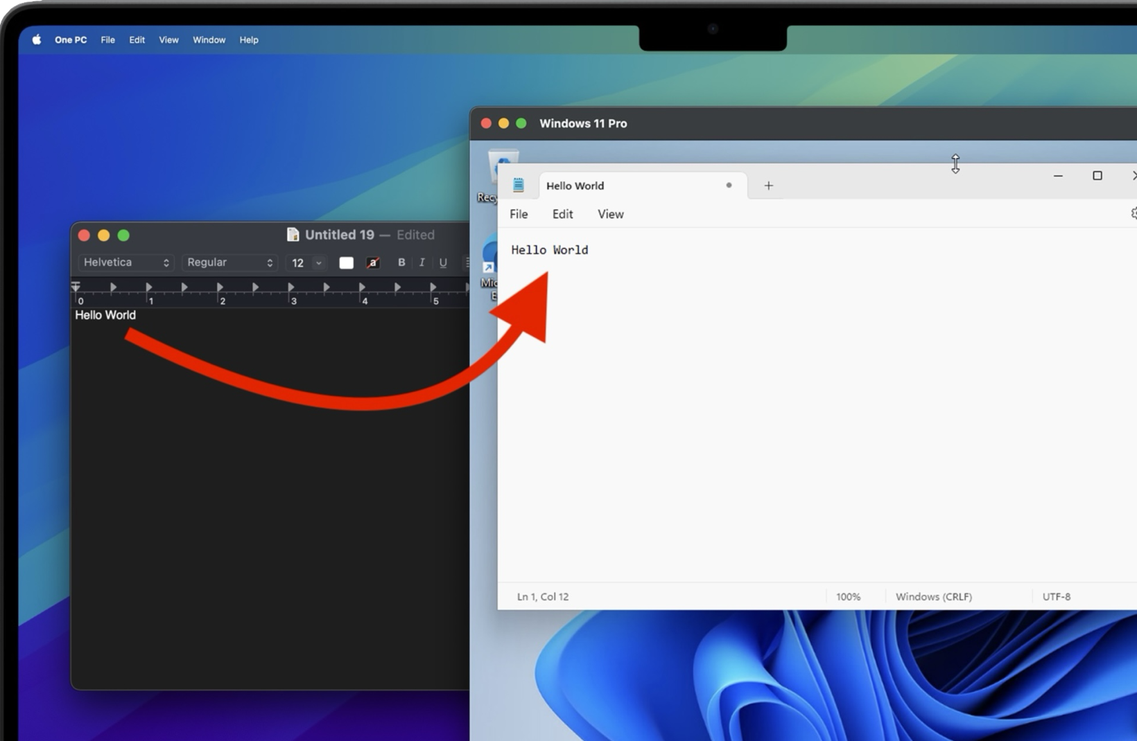 A computer screen displaying two overlapping windows, one dark-themed on the left and one light-themed on the right, with a red arrow pointing from the left window to the right window.