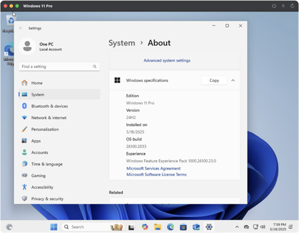 A computer screen displaying the Windows 11 "System" settings window, specifically the "About" section, showing device specifications and Windows version details.