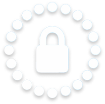 A padlock icon surrounded by a circle of dots.