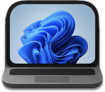 A small, curved laptop with a blue abstract design on the screen.