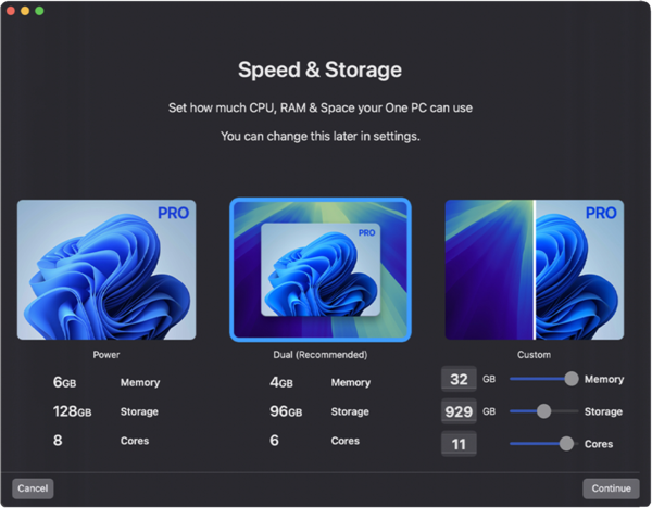 A computer interface displaying three options for speed and storage configurations, each with an image and specifications for power, memory, storage, and cores. The options are labeled "Pro," "Dual Recommended," and "Custom," with sliders for adjusting memory and storage in the custom option. Buttons labeled "Cancel" and "Continue" are at the bottom.